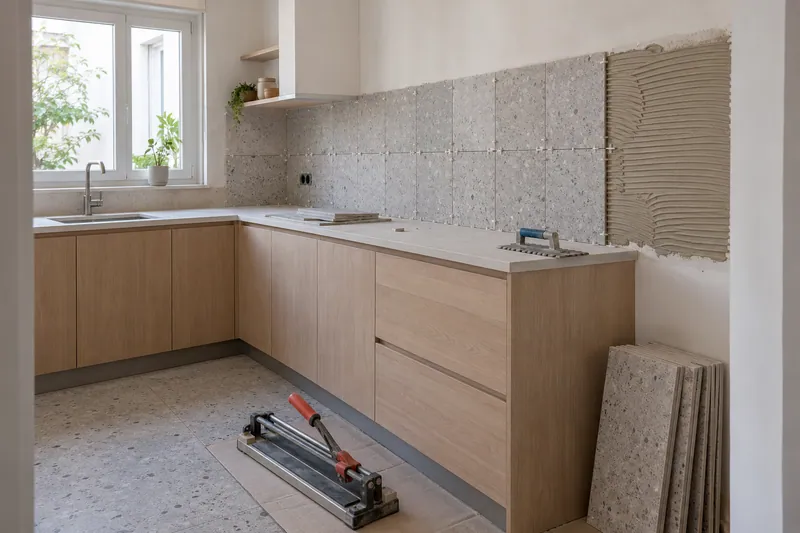 Visualización conceptual IA: Colocación de azulejos con separadores y adhesivo sobre una pared de cocina.