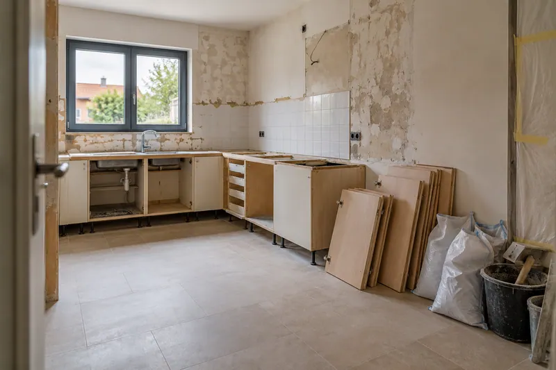 Visualización conceptual IA: Retirada de muebles y revestimientos al comienzo de una reforma de cocina.
