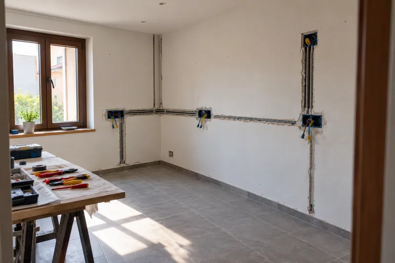 Visualización conceptual IA: Canalizaciones y cajas eléctricas durante la preparación de una cocina.