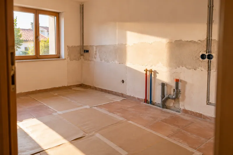 Visualización conceptual IA: Tuberías de suministro y desagüe durante la renovación de una cocina.