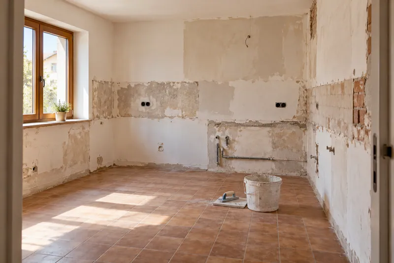 Visualización conceptual IA: Cocina sin muebles con paredes en preparación y zonas de enlucido.